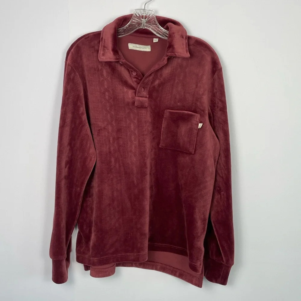 Standard Cloth Men’s Maroon Velour Polo Sweat Shirt Size Small Button Up Pocket